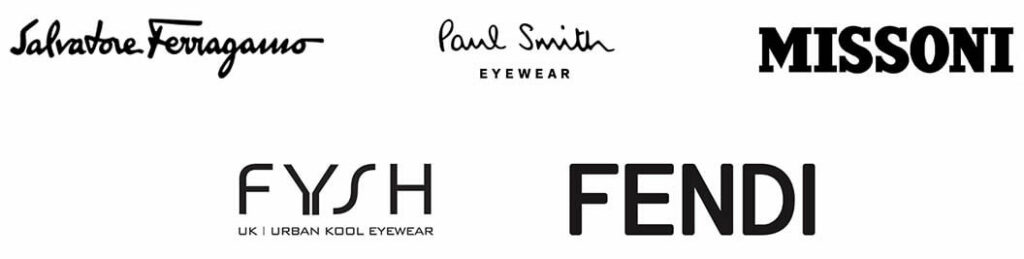 Logos of Salvatore Ferragamo, Paul Smith Eyewear, Missoni, FYSH and FENDI